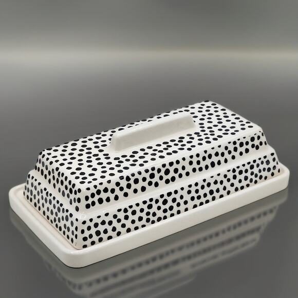 Thyme & Table Ceramic Butter Dish Black Dot Contemporary Stoneware Covered Lid - Picture 1 of 9